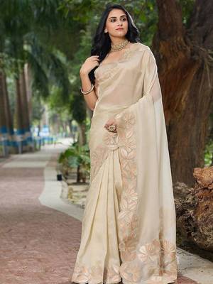 cream embellished sequinned organza saree 1