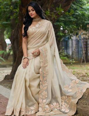 cream embellished sequinned organza saree 2