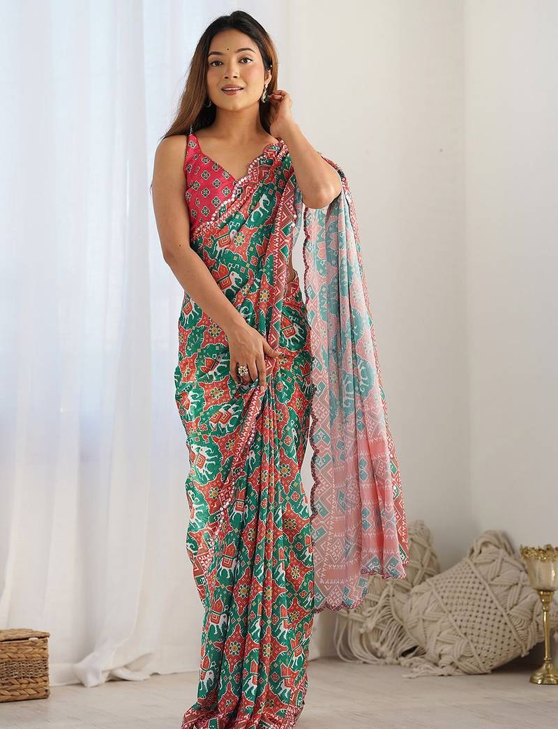green ethnic motifs mirror work designer saree with unstitched blouse piece