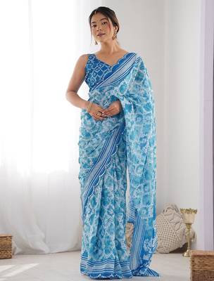 Blue tie and dye embellished mirror work saree 1
