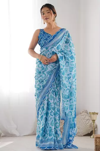 Blue tie and dye embellished mirror work saree