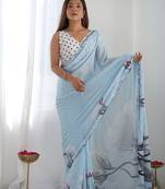 Blue floral printed mirror work saree