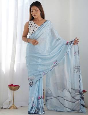 Blue floral printed mirror work saree 3