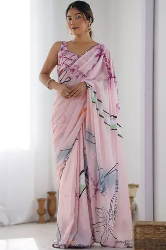 pink printed embellished mirror work saree