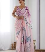 pink printed embellished mirror work saree