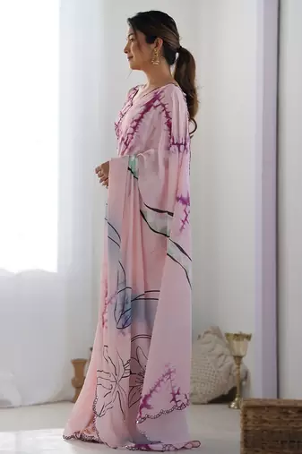 pink printed embellished mirror work saree
