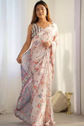 White embellished mirror work poly chiffon designer saree