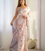 White embellished mirror work poly chiffon designer saree