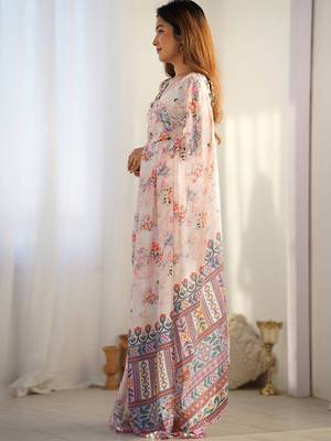 White embellished mirror work poly chiffon designer saree 2
