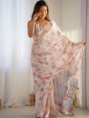White embellished mirror work poly chiffon designer saree 3