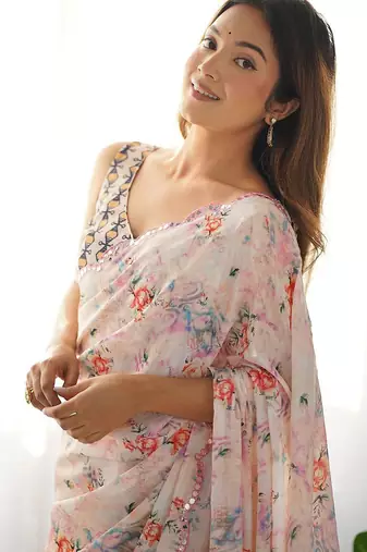 White embellished mirror work poly chiffon designer saree