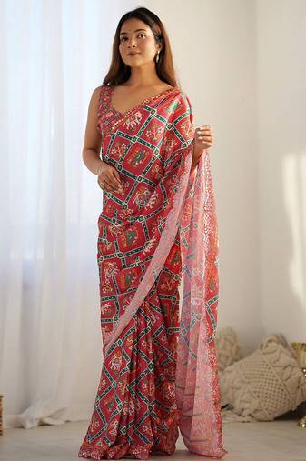 Red embellished mirror work designer saree