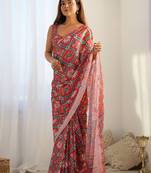 Red embellished mirror work designer saree
