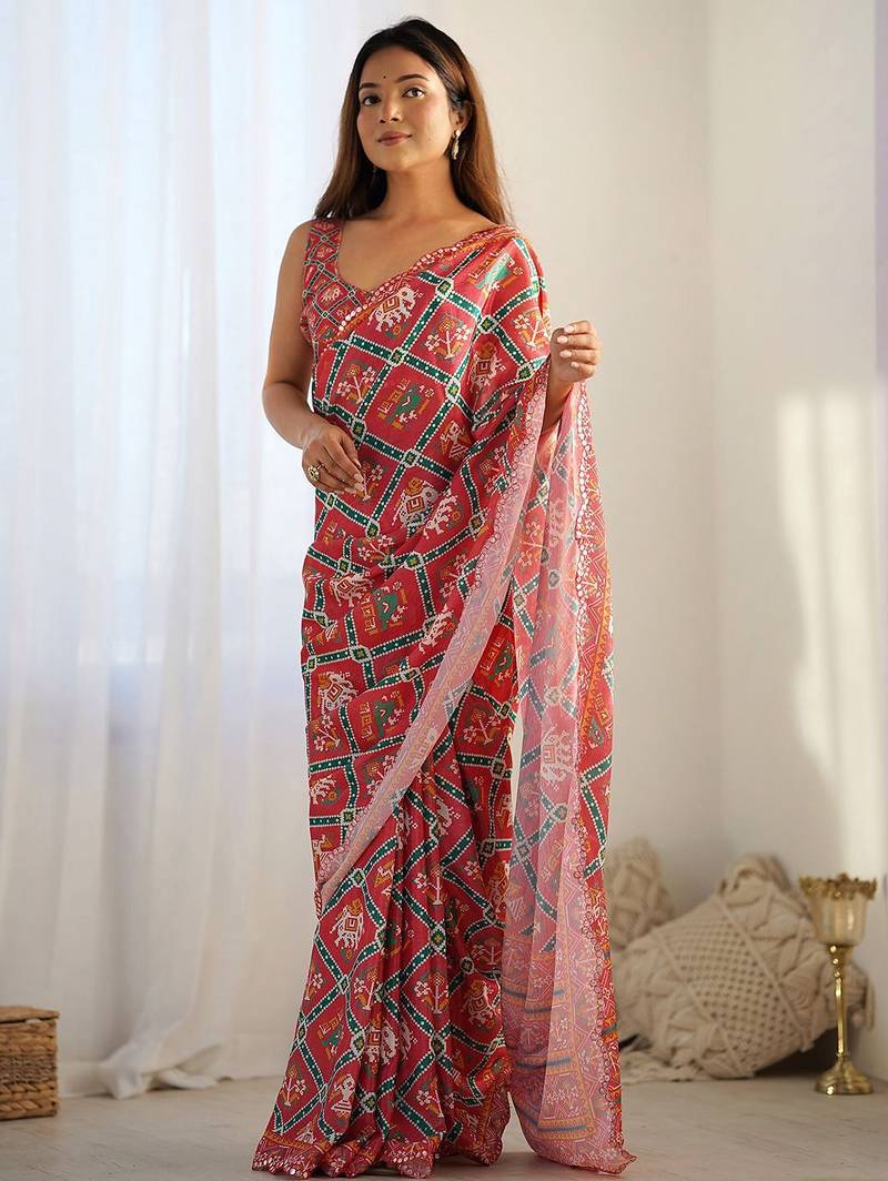 Red embellished mirror work designer saree