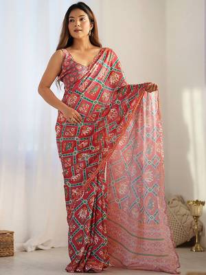 Red embellished mirror work designer saree 3