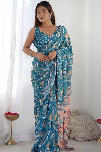 blue mirror work designer saree