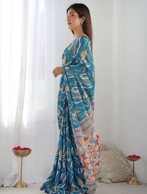 blue mirror work designer saree 2