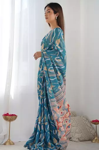 blue mirror work designer saree