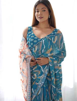 blue mirror work designer saree 4
