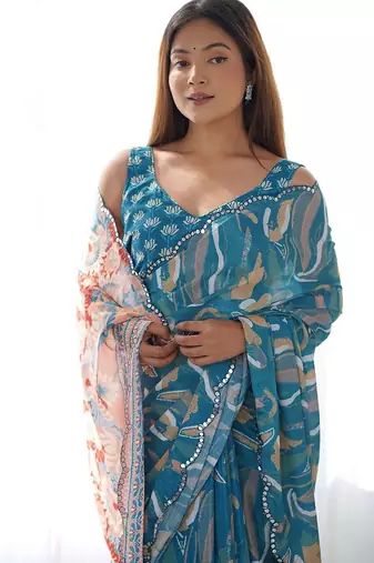 blue mirror work designer saree