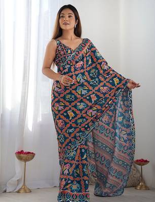 teal ethnic motifs printed saree with mirror work 1