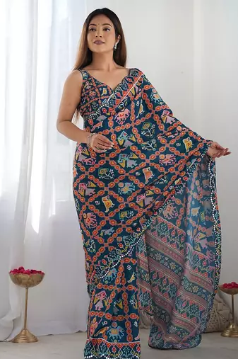 teal ethnic motifs printed saree with mirror work