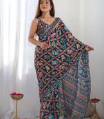 teal ethnic motifs printed saree with mirror work