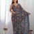 teal ethnic motifs printed saree with mirror work