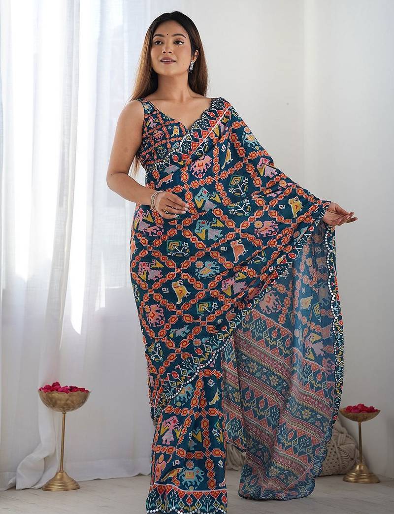 teal ethnic motifs printed saree with mirror work
