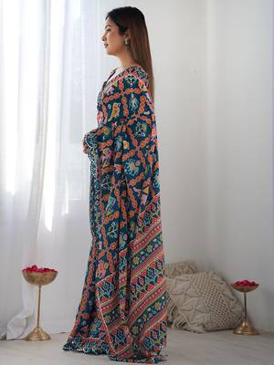 teal ethnic motifs printed saree with mirror work 2