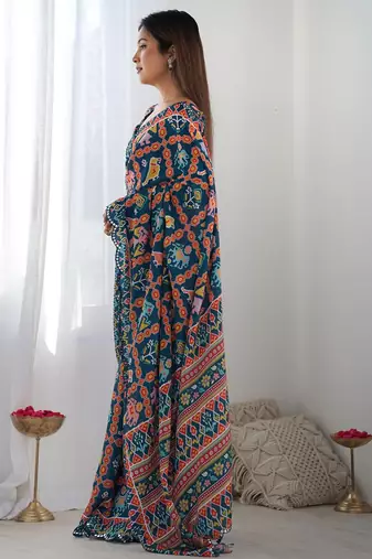 teal ethnic motifs printed saree with mirror work