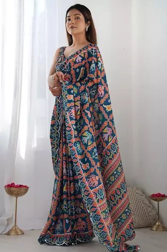 teal ethnic motifs printed saree with mirror work