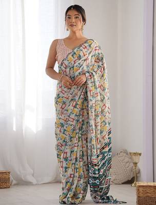 Blue mirror work poly chiffon designer saree 1