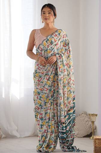 Blue mirror work poly chiffon designer saree