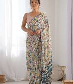 Blue mirror work poly chiffon designer saree