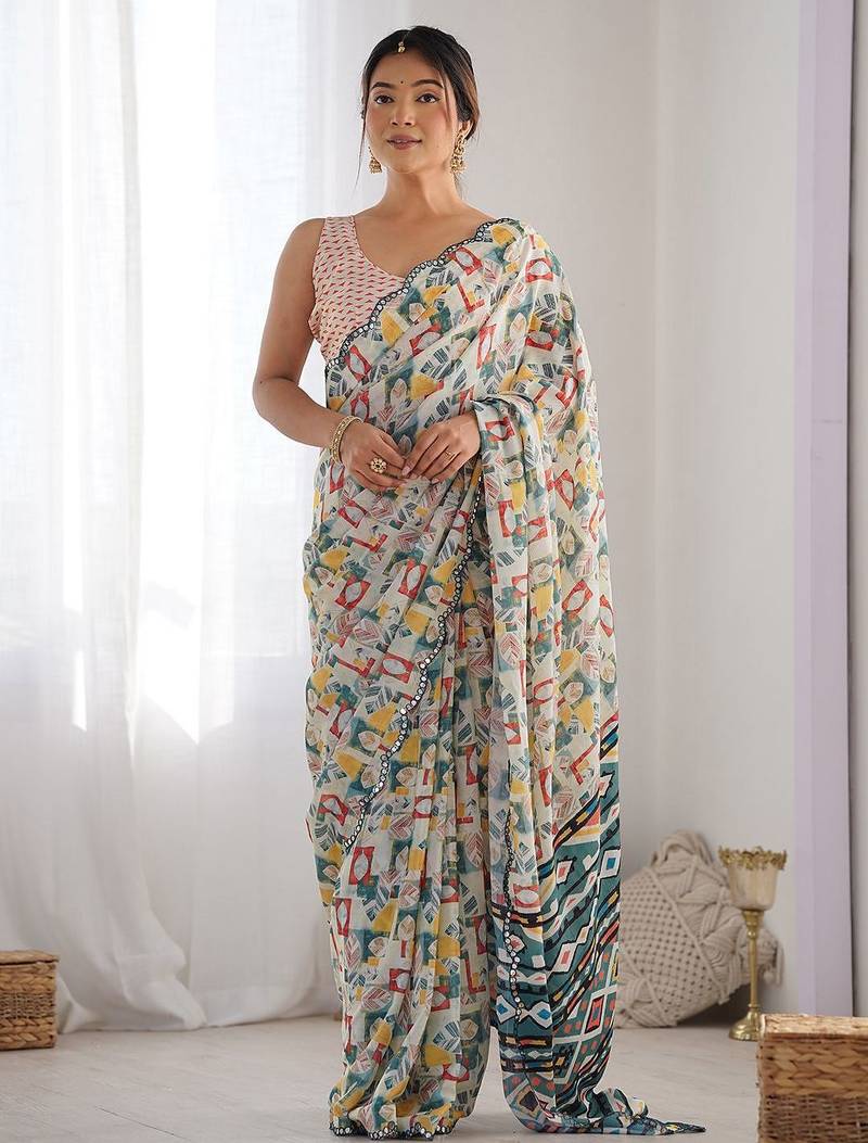 Blue mirror work poly chiffon designer saree