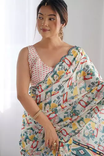 Blue mirror work poly chiffon designer saree