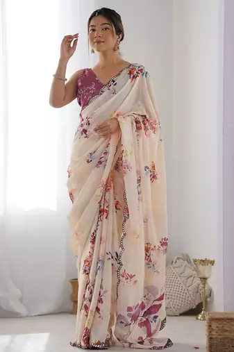 Cream floral printed mirror work saree