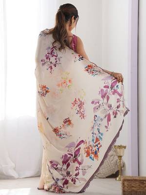 Cream floral printed mirror work saree 2