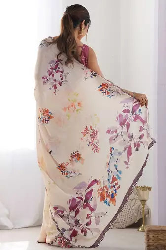 Cream floral printed mirror work saree