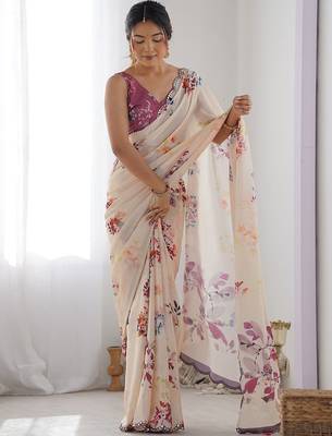 Cream floral printed mirror work saree 3