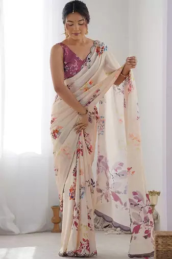 Cream floral printed mirror work saree