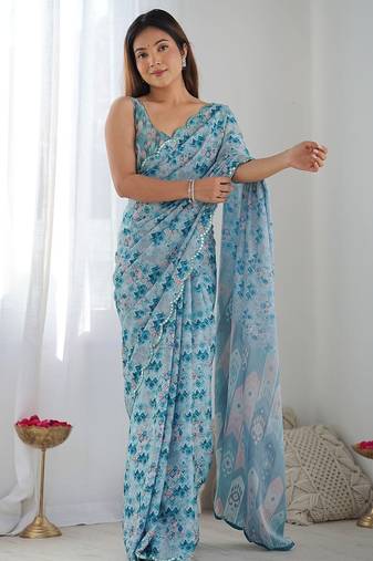 blue embellished mirror work designer saree