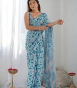 blue embellished mirror work designer saree