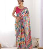 Pink printed embellished mirror work saree