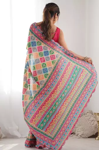 Pink printed embellished mirror work saree