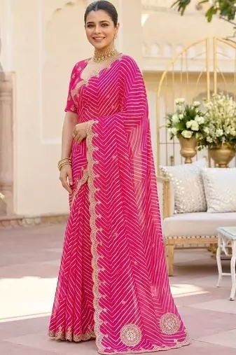 Pink ethnic motifs gotta patti pure georgette heavy work leheriya saree