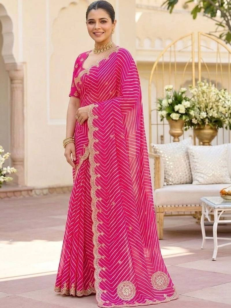 Pink ethnic motifs gotta patti pure georgette heavy work leheriya saree