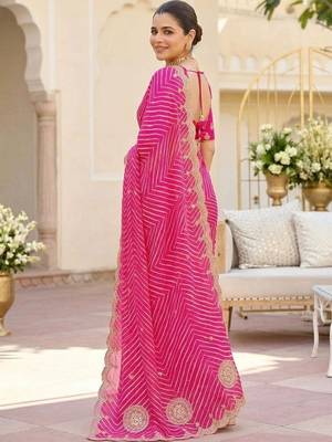 Pink ethnic motifs gotta patti pure georgette heavy work leheriya saree 2