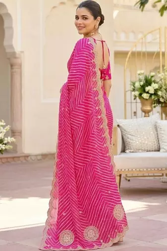 Pink ethnic motifs gotta patti pure georgette heavy work leheriya saree